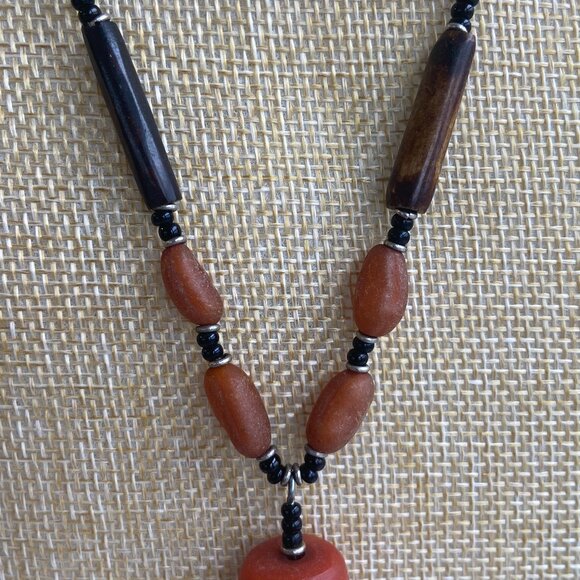 Dangle Necklace Black, Brown, Orange/Red Beads - Picture 2 of 5